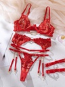 LENCERÍA DE ENCAJE CON CADENAS 4 PIEZAS ROJA